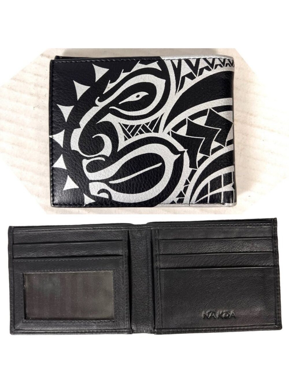 NA KOA Hawaiian Leather Wallet Polynesian Tribal Ki'i Tattoo Hano Fernandez